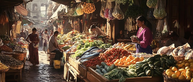 vibrant market scene with bustling stalls