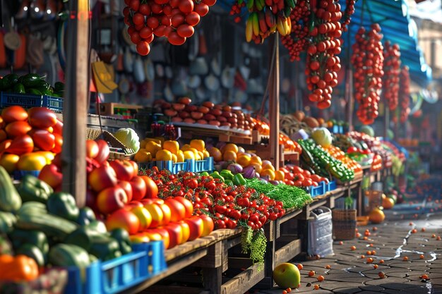 Живые рыночные киоски, переполненные свежими продуктами