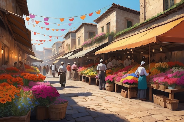 Vibrant Marketplace Digital Painting of Pappy Flower Stalls