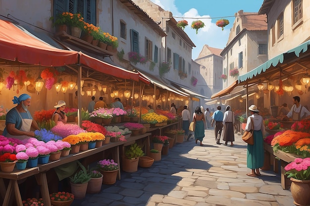 Vibrant Marketplace Digital Painting of Pappy Flower Stalls