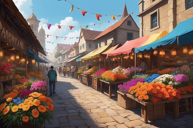 Vibrant Marketplace Digital Painting of Pappy Flower Stalls