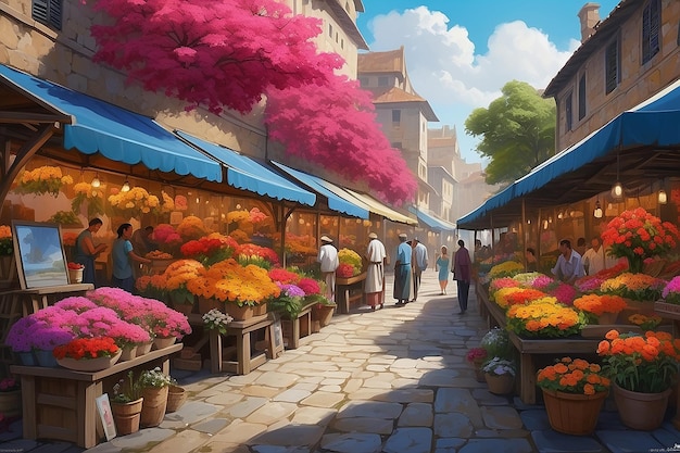 Vibrant Marketplace Digital Painting of Pappy Flower Stalls