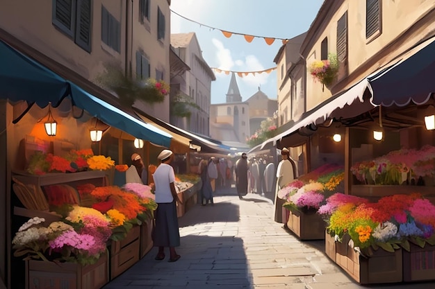 Vibrant Marketplace Digital Painting of Pappy Flower Stalls