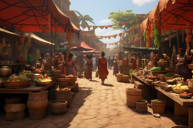 A vibrant marketplace scene showcasing African and 00206 01