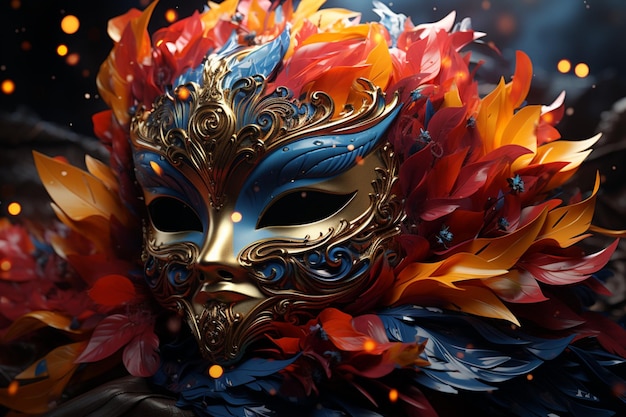 Vibrant masquerade mask dazzles with neural network elements confetti and shimmering feathers