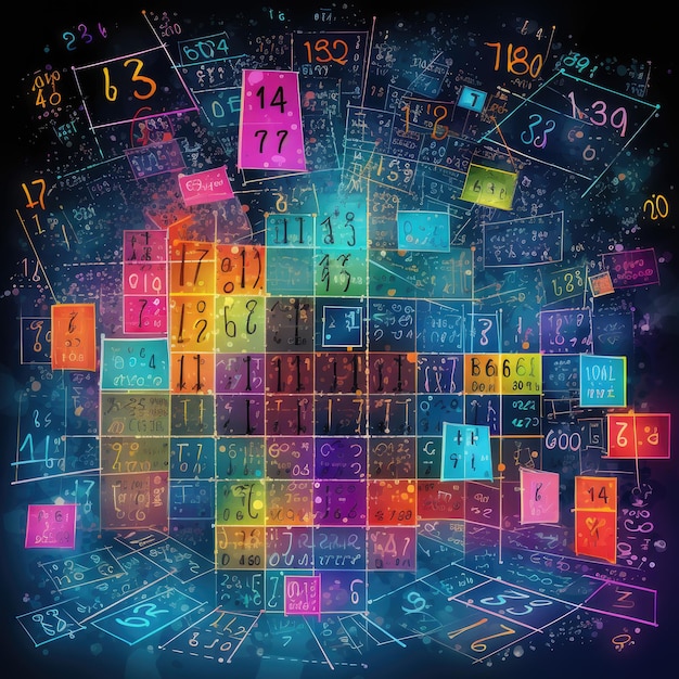 カラフルな背景で科学を探求する活気に満ちた数学広場