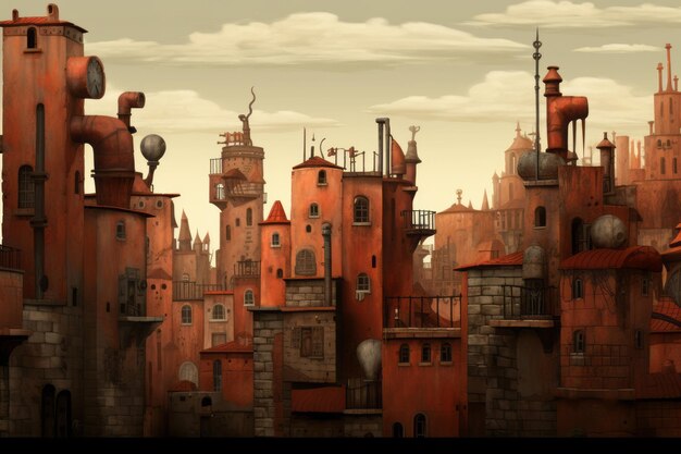 Vibrant Metropolis Exploring a Painterly Machinarium Cityscape with a Twist of Red Brick