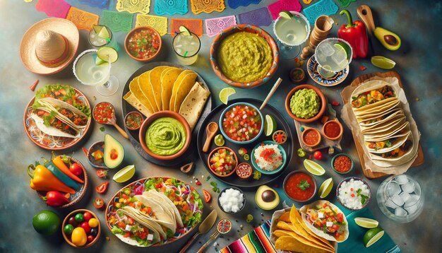 Vibrant mexican fiesta meal with tacos enchiladas and guacamole for festive food photography