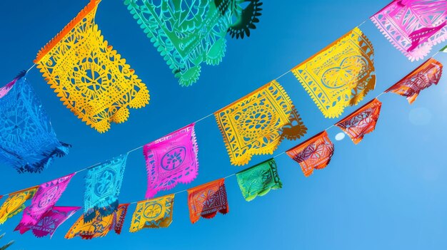 Photo vibrant mexican papel picado fluttering against a clear blue sky cinco de mayo banner ai generated