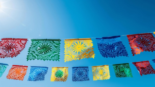 Photo vibrant mexican papel picado fluttering against a clear blue sky cinco de mayo banner ai generated