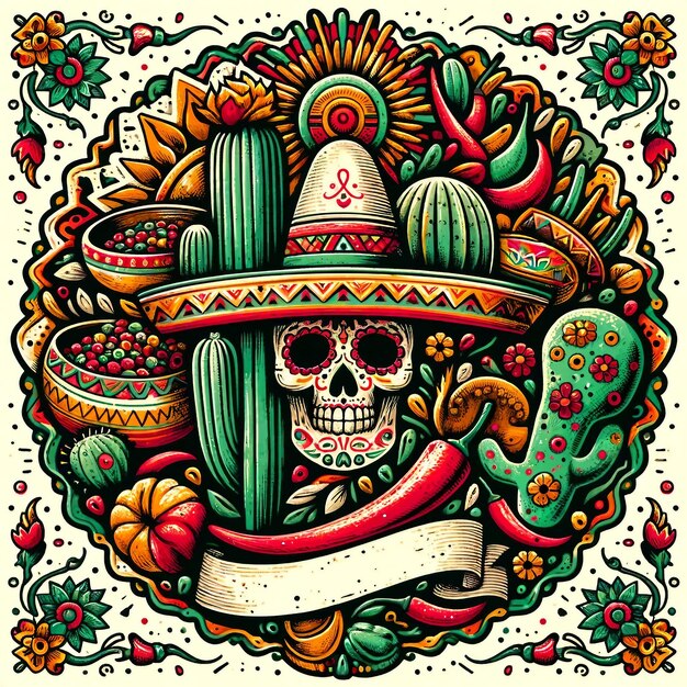 Vibrant Mexican Sombrero Cacti Chili Skull Folk Art Illustration