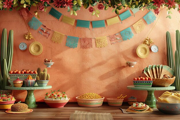 Vibrant Mexican Street Food Scene with Papel Picado and Copy Space