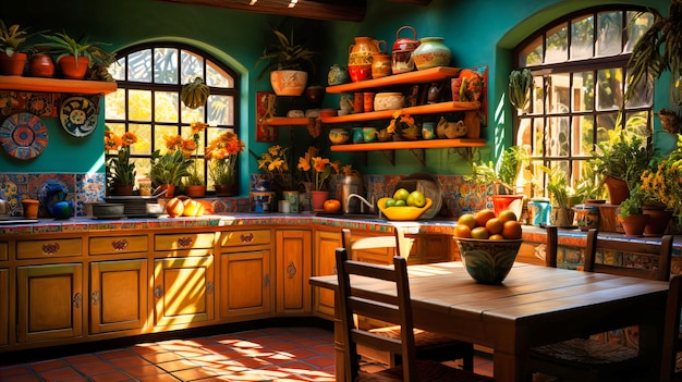 Photo vibrant mexicanstyle kitchen with colorful tiles and pottery