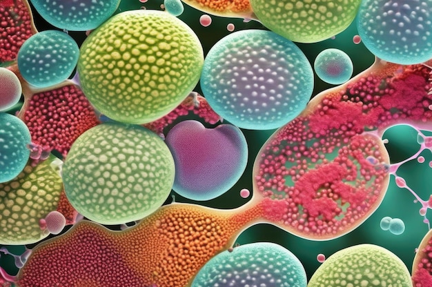 Foto cellule biomorfiche microscopiche vibranti di diversi colori