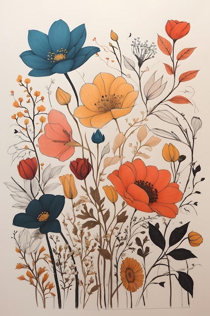 A vibrant minimalist drawing of flowers with an arched back