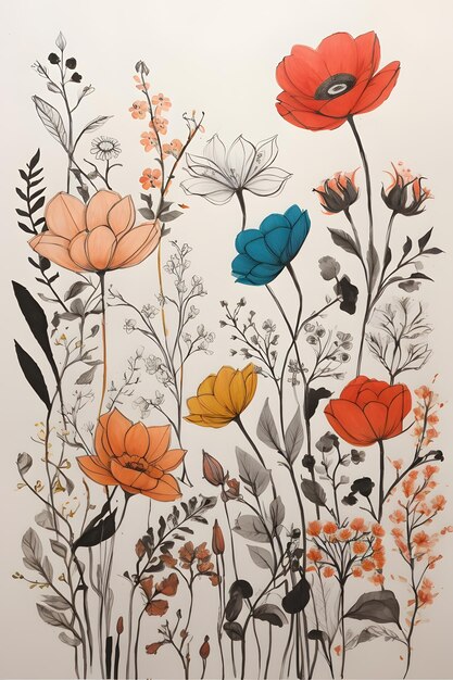 A vibrant minimalist drawing of flowers with an arched back