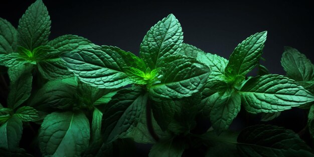 Photo vibrant mint leaves on a stylish black background ideal for culinary concepts herbal promotions and refreshing visuals with copy space