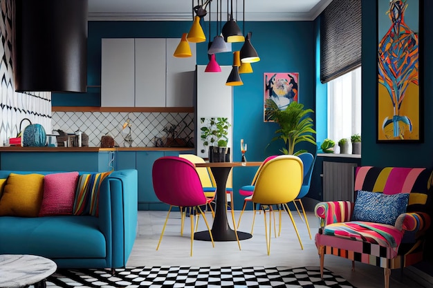 Vibrant mix of colors patterns and textures in modern apartment interior