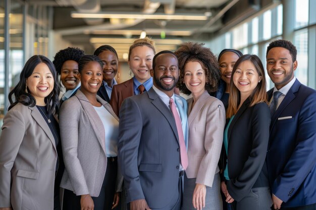 Photo a vibrant mix of company members embracing racial diversity radiates enthusiasm as they pose in