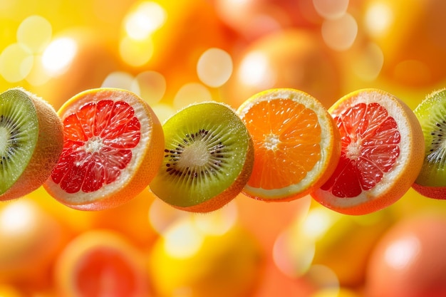 フルーツオレンジグレープフルーツキウイの活発なミックス空気中のバランスが浮かんでいるように見える - ビタミンCコンセプト
