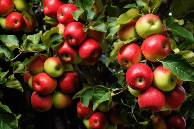 木の上の赤と緑のリンゴの鮮やかな組み合わせ