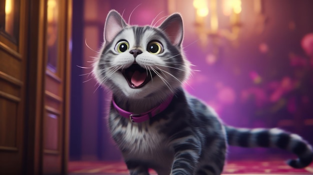 The vibrant mix of shock and happiness in the cat's expression is captivating