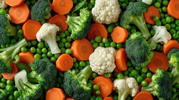 Vibrant mix of steamed broccoli cauliflower carrots and peas