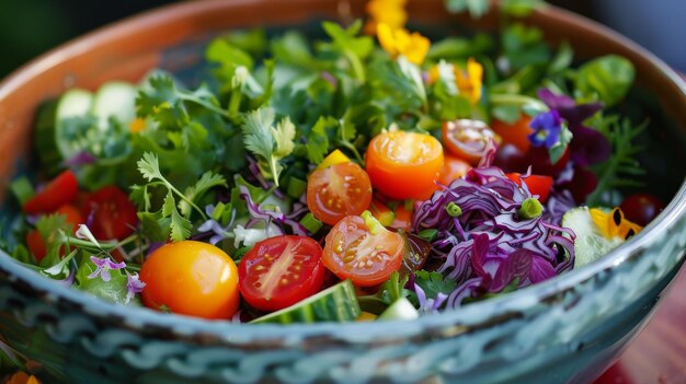 Foto salata di giardino mista vivace con fiori e verdure commestibili