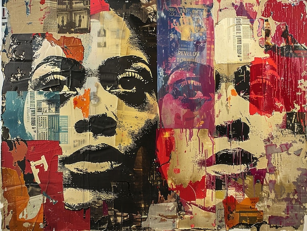 vibrant mixed media artwork featuring two expressive faces with a collage of colorful textured elements capturing emotion and depth