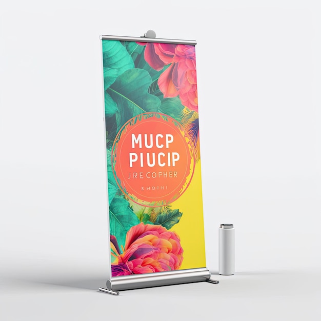 Photo a vibrant mockup of a rollup banner with custom artwork isolated on white background top view