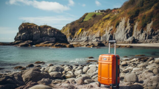 ビーチ旅行と海辺のリラックスに活気のある近代的なスーツケースとテキストのスペース