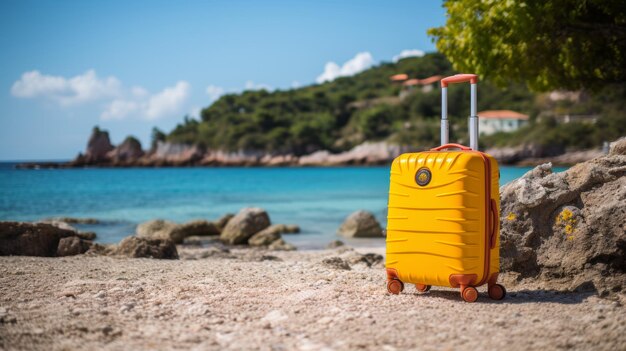 Vibrant modern suitcase with wheels on beach evoking a sense of travel and adventure