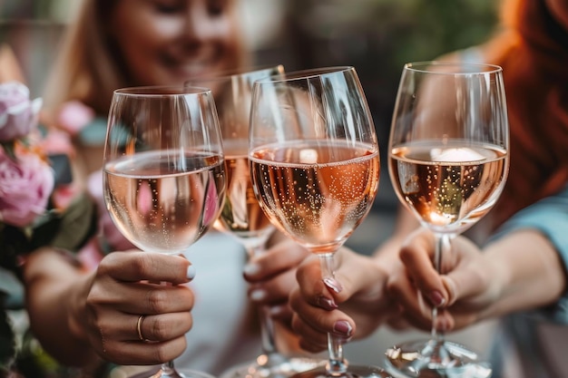 Foto un momento vibrante tra amici che si divertono con bicchieri di vino pieni di risate e connessioni in un ambiente casuale.