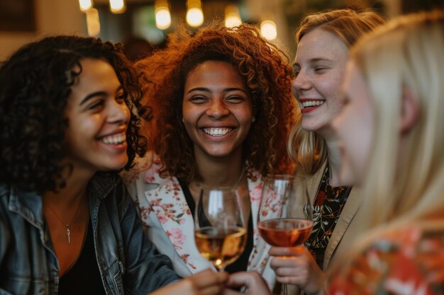 友達と一緒にワインを飲んで 笑い声とつながりで 楽しい瞬間 友情のコンセプト