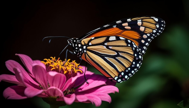 Vibrant monarch butterfly pollinates purple spotted blossom generated by AI