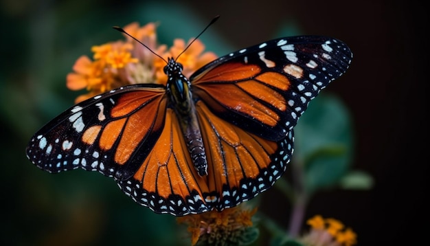 Vibrant monarch butterfly pollinates yellow flower in natural elegance generated by artificial intelligence