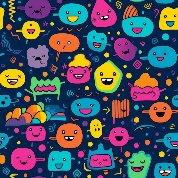 Vibrant monsters and patterns merge in a cute psychedelic doodle illustration