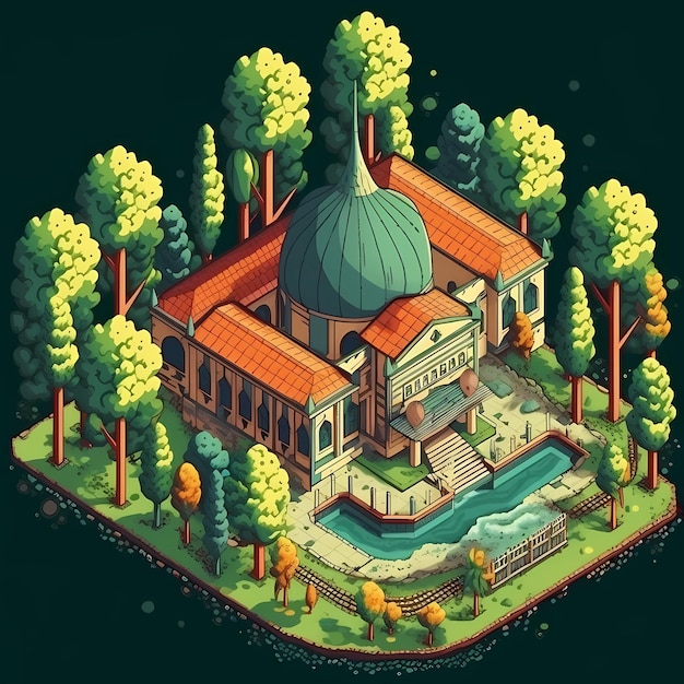 Яркая мечеть в пышном зеленом лесу цифровая художественная иллюстрация