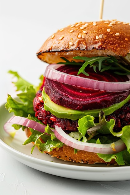 A vibrant and mouthwatering shot of an organic plantbased burger with beets avocado lettuc