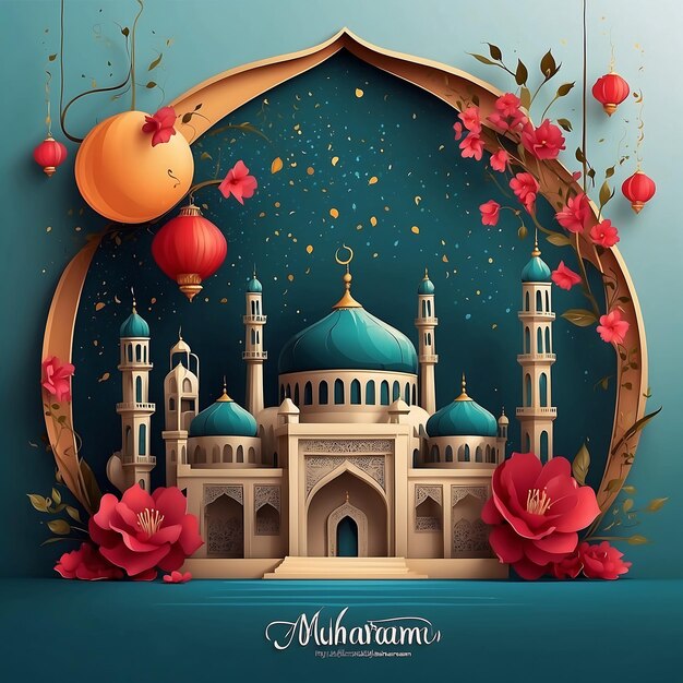 Photo vibrant muharram illustration realistic islamic new year background with mosque silhouette