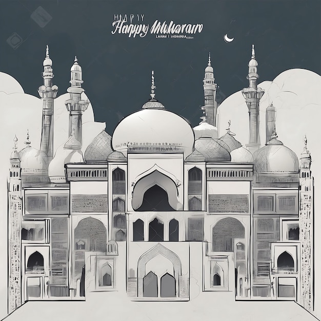 Photo vibrant muharram illustration realistic islamic new year background with mosque silhouette
