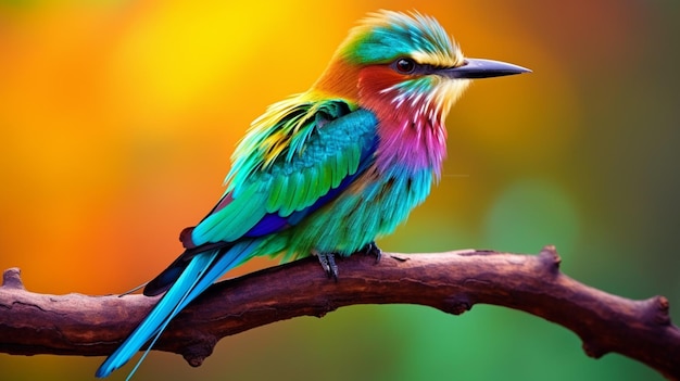 A vibrant multi colored bird perching on a branch in nature
