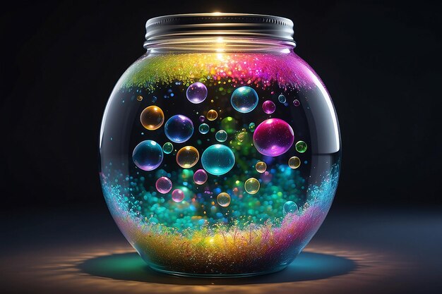 Photo a vibrant multi colored circle of glittery bubbles in a jar generated by ai