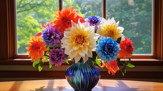 Photo vibrant multi colored dahlia blossom in formal garden