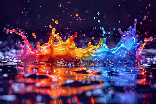 Vibrant Multi Colored Paint Splashing Dynamic Movement on Reflective Surface Abstract Background