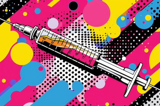 A vibrant multicolored background showcases a detailed drawing of a syil creating an eyecatching visual composition A popart style slang syringe AI Generated