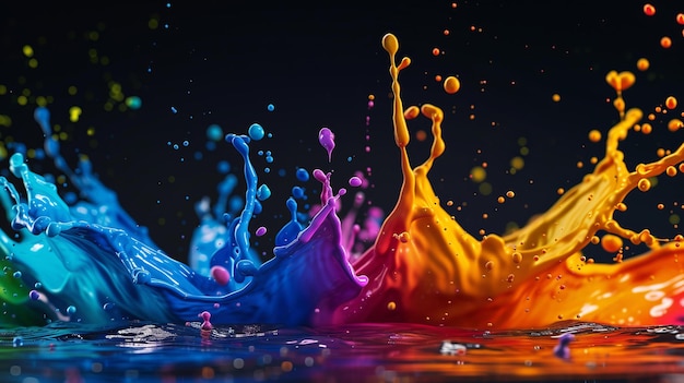 vibrant multicolored paint splash against a stark black background AI Generative