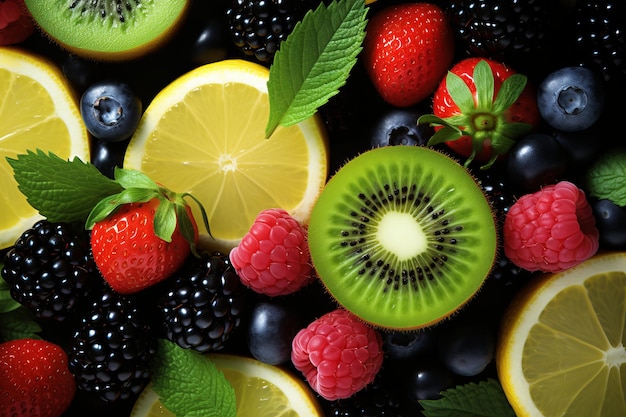 Vibrant multifruit background Top view of healthy eating Fresh assorted fruits for nutrition and wellness