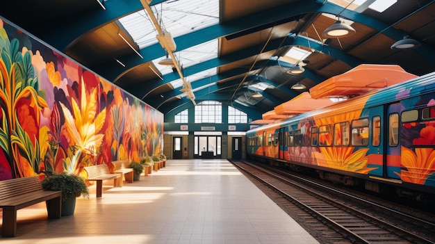 Foto un vivace murale di un treno fa rivivere le pareti di una trafficata stazione ferroviaria