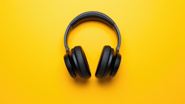 Vibrant music lifestyle black headphones pop on a sunny yellow background in this stylish flat lay a trendy blend of fashion and tech perfect for modern music enthusiasts